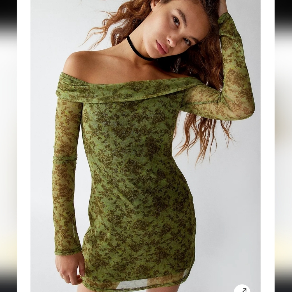 NWOT Urban Outfitters Isla Green Floral Mesh Bodycon Off-Shoulder Mini Dress S